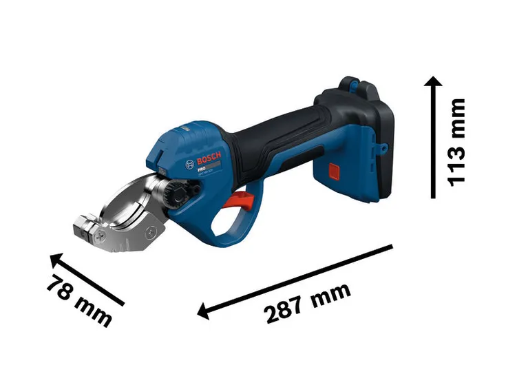 Bosch GPC18V-32P 무선 파이프 절단기 (치수 포함).