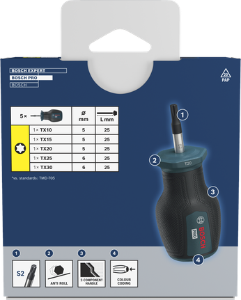 Bosch PRO 스터비 스크루드라이버 TX 세트 5개입 (S2 샤프트 및 미끄럼 방지 손잡이 포함).