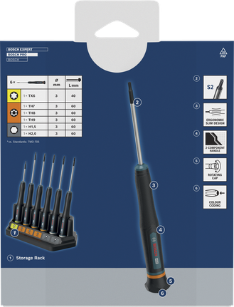 Bosch PRO 정밀 드라이버 세트 TX/TH/H, 색상 코드 포함.