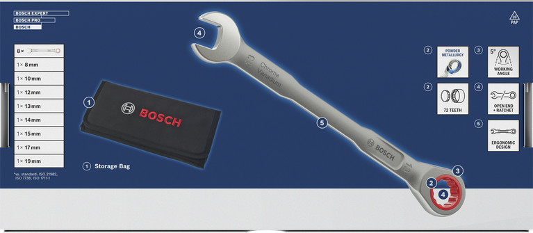 Bosch 라쳇 복합 렌치 세트 8-19mm (보관 가방 포함).