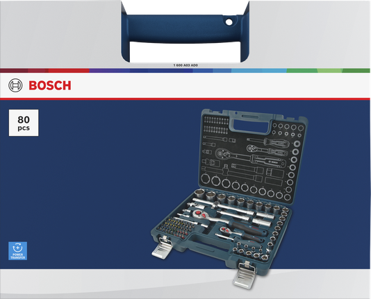 Bosch 1/4" + 1/2" 라쳇 세트, 80개 구성품 (케이스 포함).