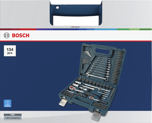 Bosch 수공구 혼합 세트 134개, 파란색 휴대용 케이스 포함.