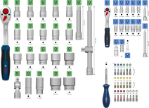 Bosch 1/4" + 1/2" 라쳇 세트 (소켓 및 비트 포함 80개 구성).
