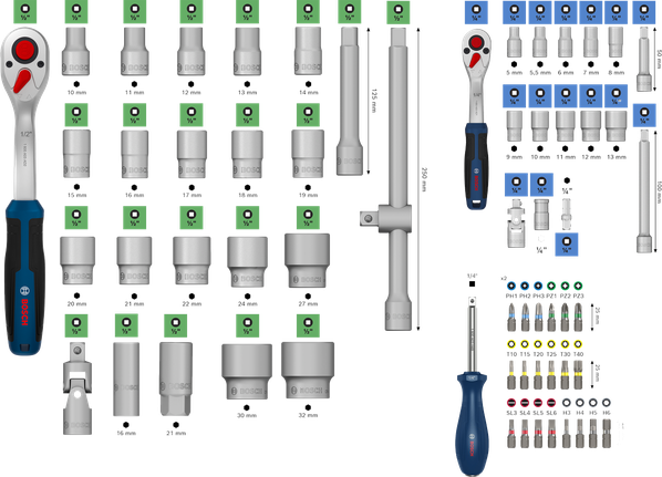 Bosch 1/4" + 1/2" 라쳇 세트 (소켓 및 비트 포함 80개 구성).