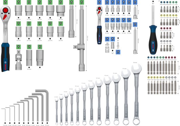 Bosch 수공구 혼합 세트 134개 (소켓, 렌치, 비트 포함).