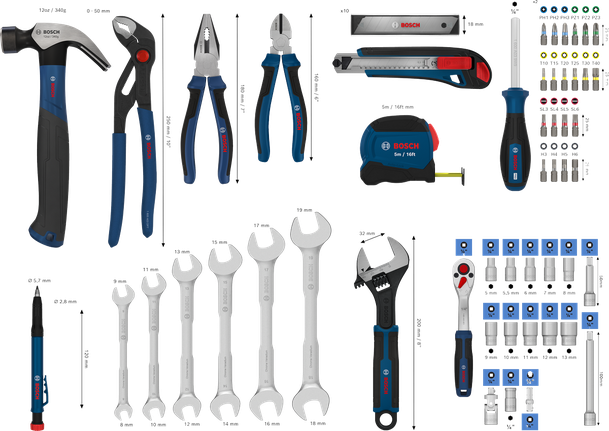 Bosch 수공구 혼합 세트 89종 (렌치 및 드라이버 포함).