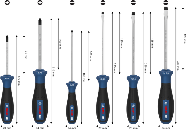 Bosch PRO PZ/SL 스크루드라이버 세트(6개 구성) - S2 샤프트 및 다중 구성 요소 손잡이 포함.