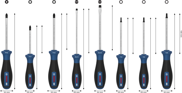 Bosch PRO 스크루드라이버 세트 PH/PZ/SL/TX 8개입 (다중 구성 손잡이 포함).