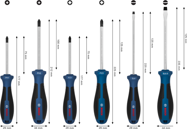 Bosch PH/PZ/SL 스크루드라이버 세트, 크롬 바나듐 샤프트 6개입.