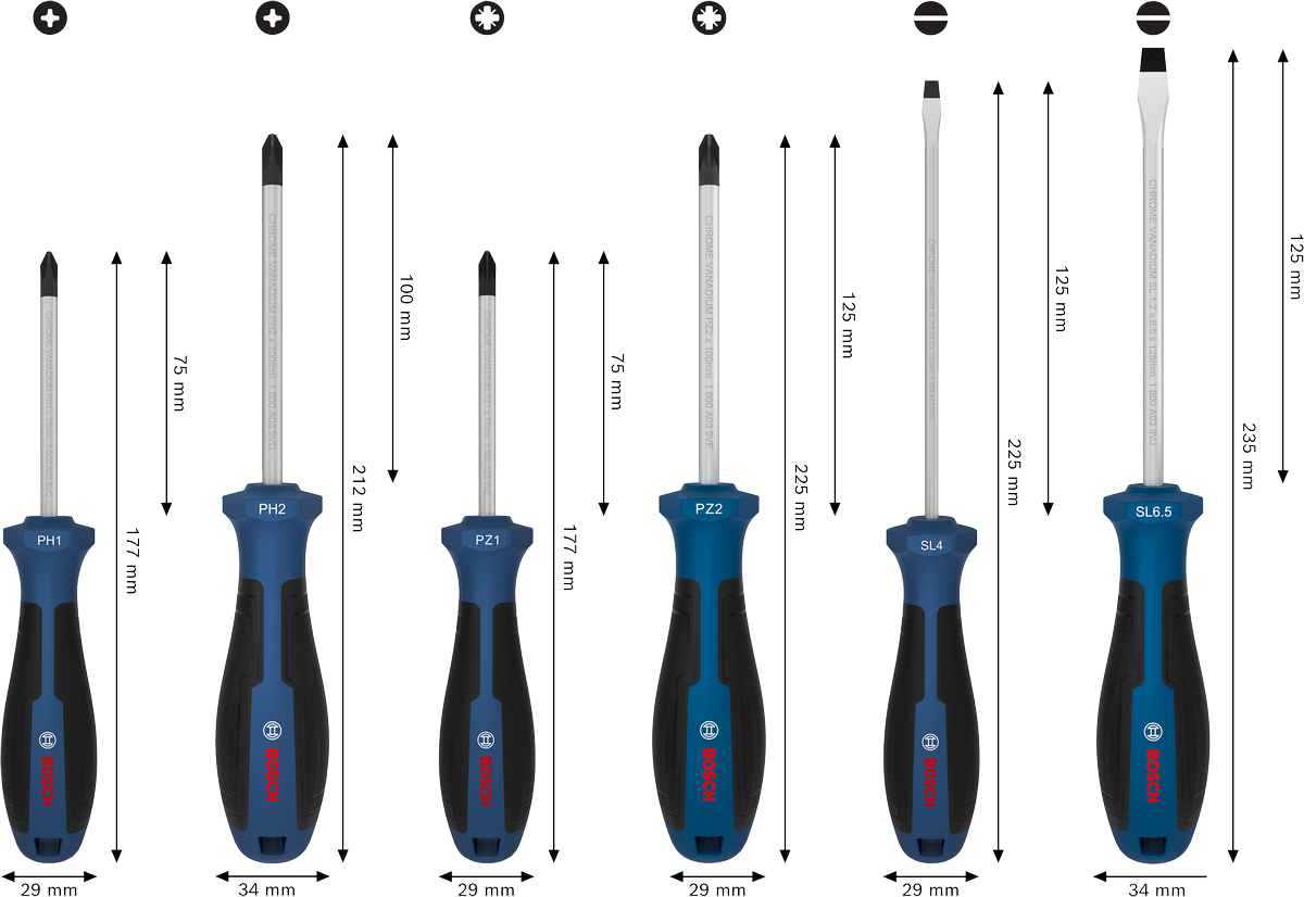 스크류 드라이버 세트, PH/PZ/SL, 6PCS