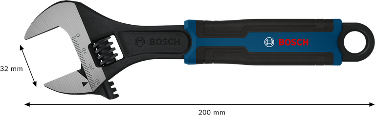 Bosch 조절식 렌치, 200mm, 턱 벌림 폭 32mm.