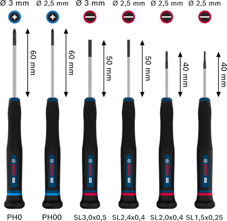 Bosch PRO 정밀 스크루드라이버 세트(PH/SL), 색상으로 구분된 미끄럼 방지 손잡이가 있는 6개 구성.