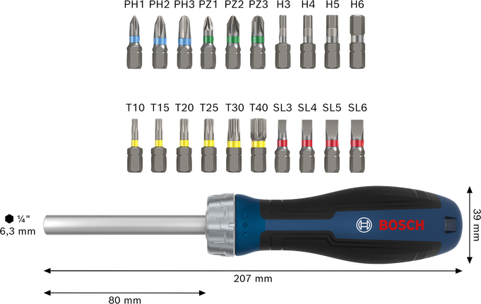 Bosch 비트 라쳇 스크루드라이버 세트 (교체 가능한 비트 18개 포함).