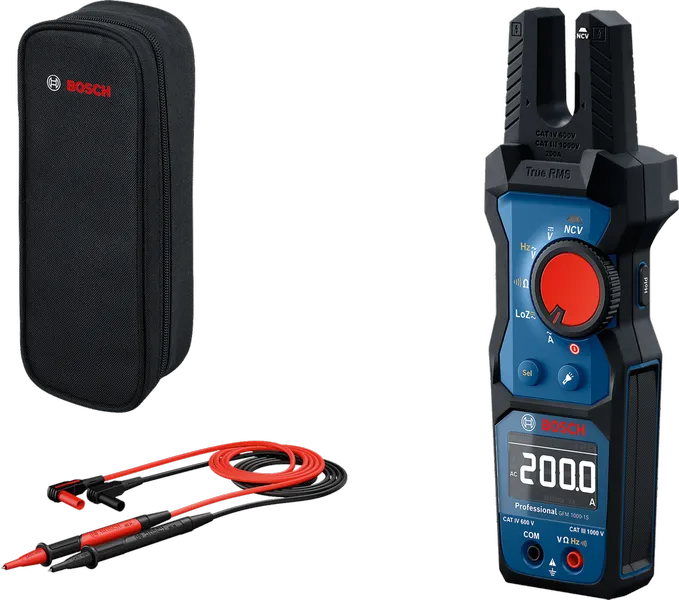 케이스와 테스트 리드가 포함된 Bosch GFM 1000-15 디지털 멀티미터.