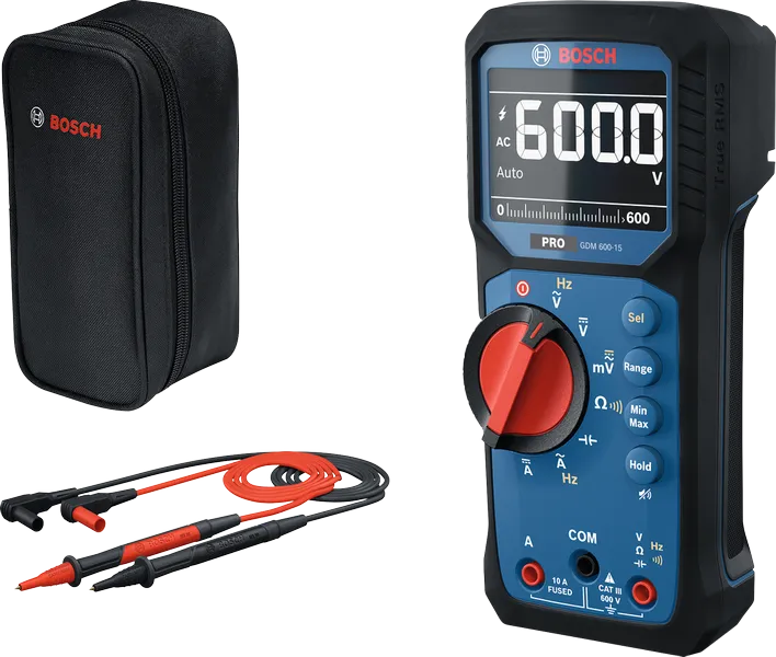 케이스와 프로브가 포함된 Bosch GDM 600-15 디지털 멀티미터.