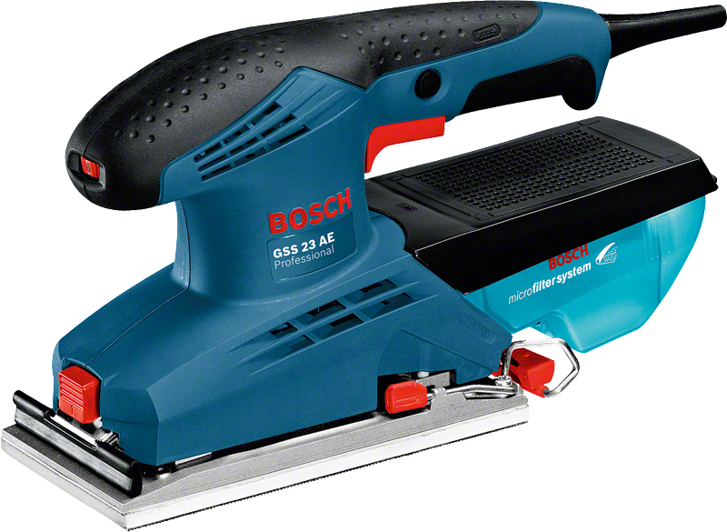 마이크로필터 시스템이 장착된 Bosch GSS 23 AE 오비탈 샌더.