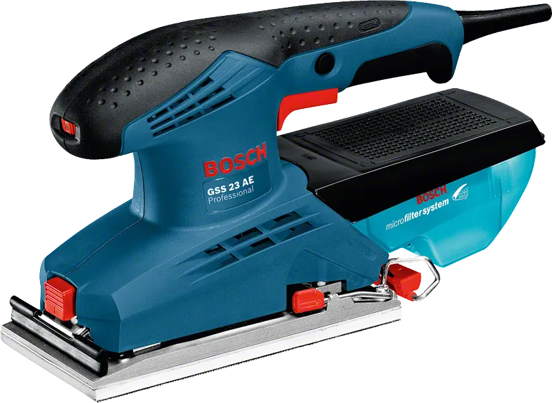 마이크로필터 시스템이 장착된 Bosch GSS 23 AE 오비탈 샌더.