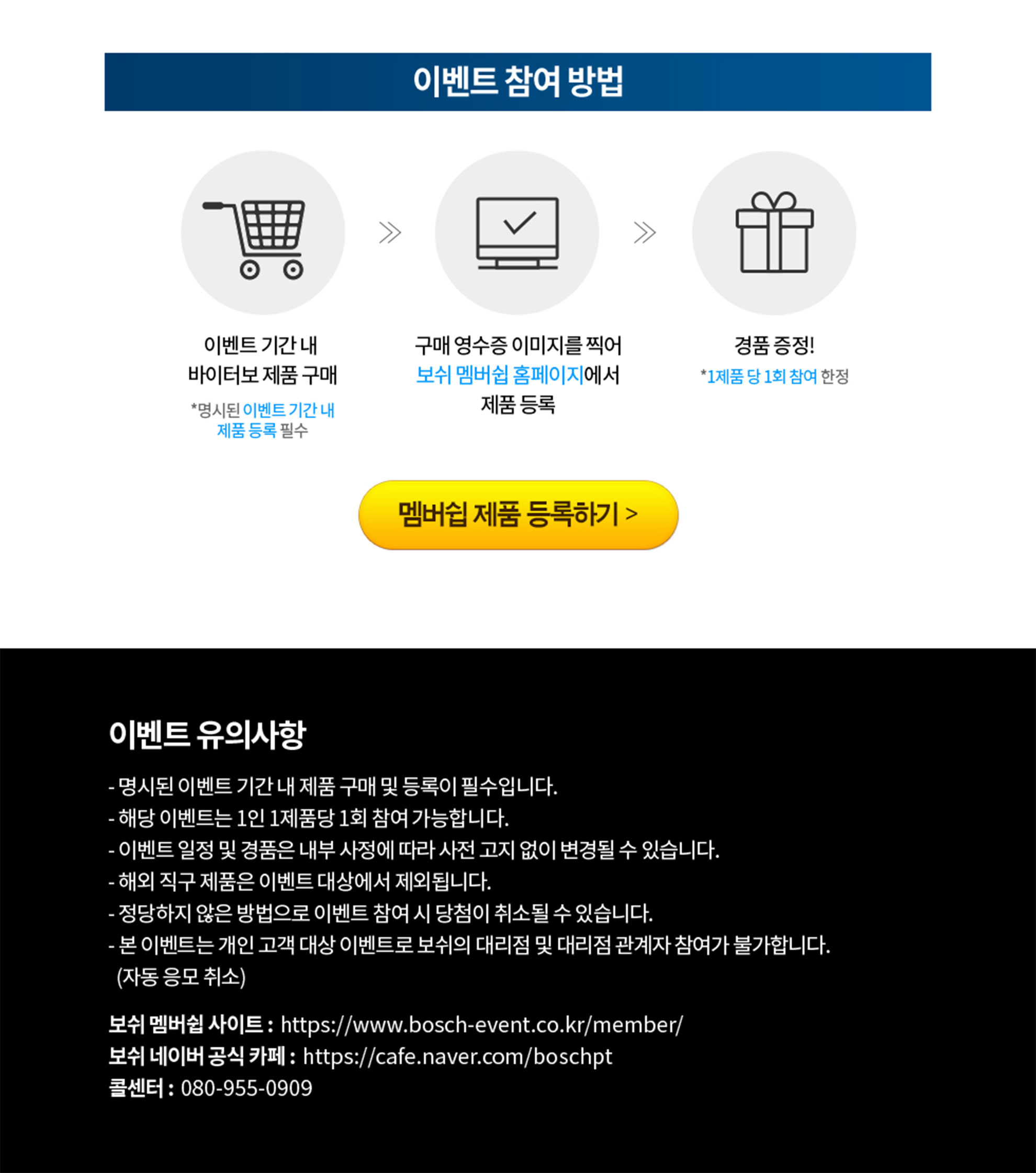 보쉬 제품 구매 이벤트 안내 이미지, 쇼핑카트, 컴퓨터, 선물 아이콘 포함.