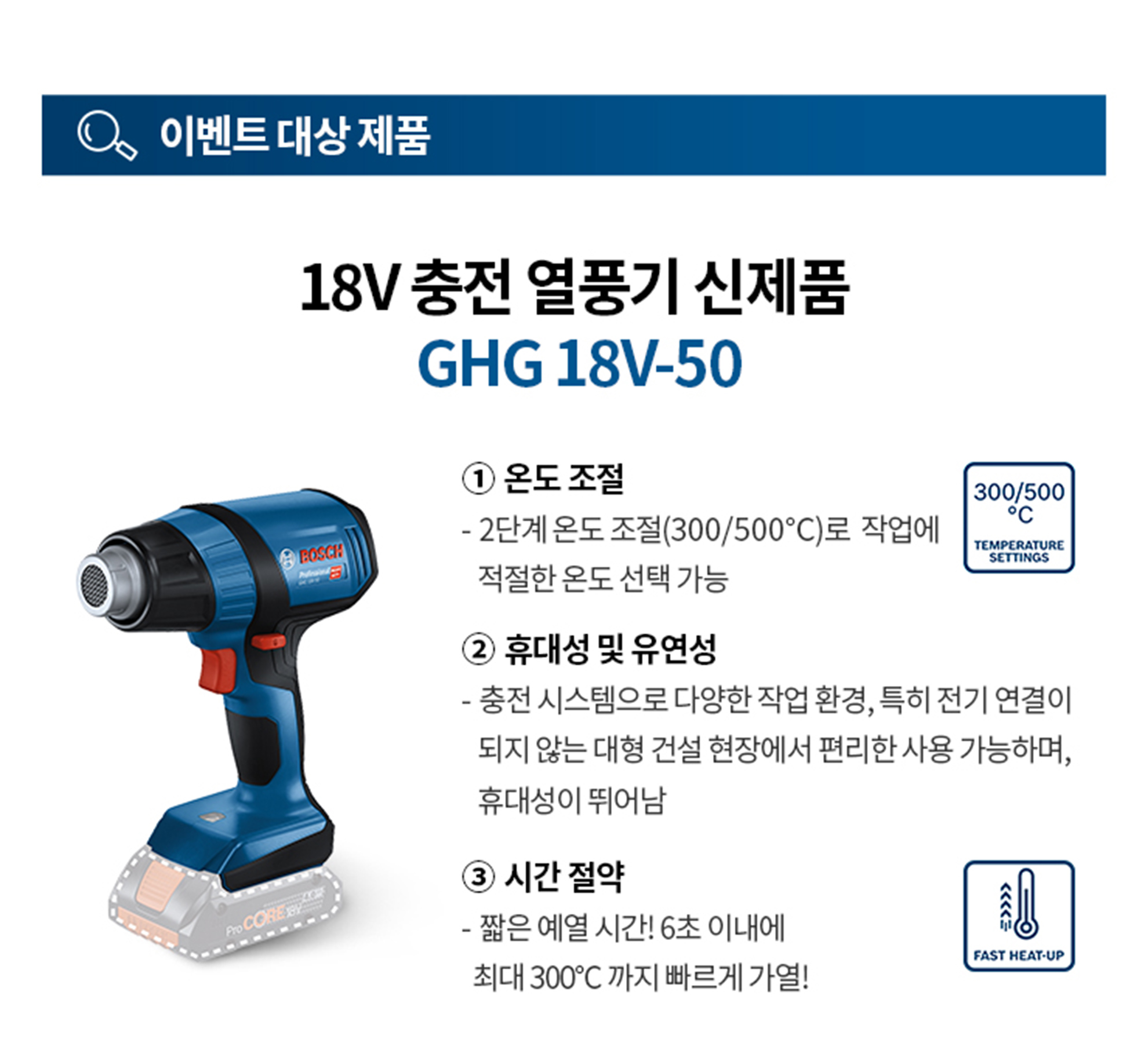 파란색 보쉬 전문 열풍기가 흰 배경에 놓여 있다.