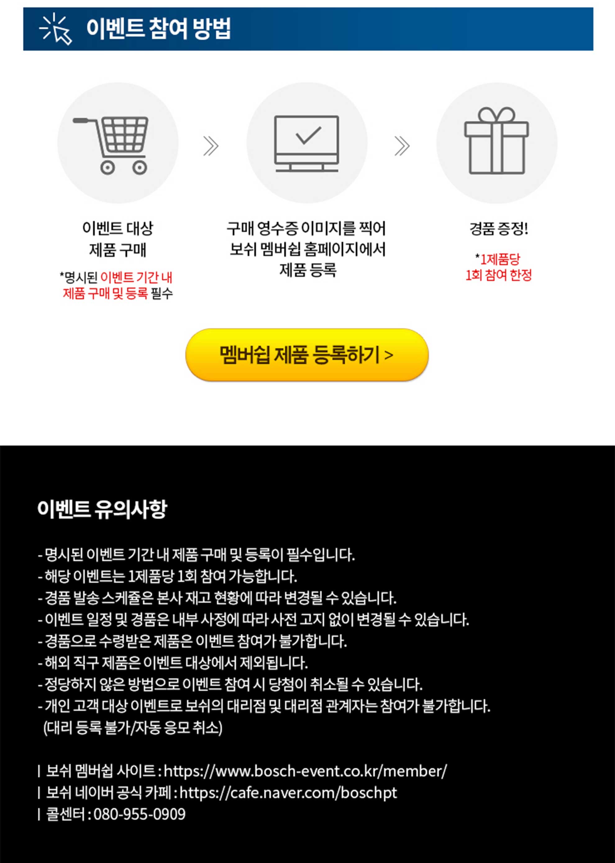 Bosch 이벤트 참여 방법 안내 이미지, 쇼핑카트, 체크리스트, 선물 아이콘 포함.