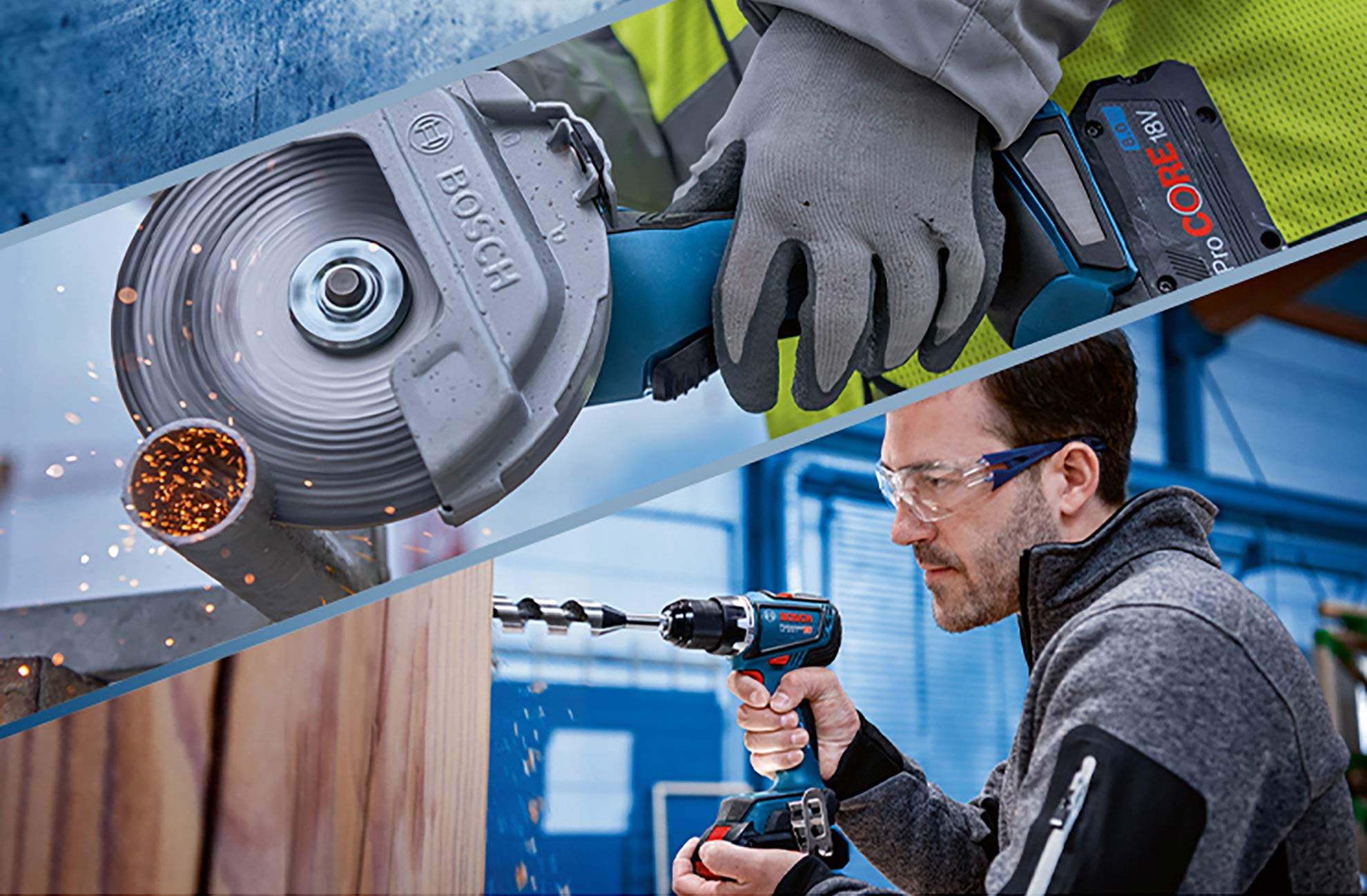 보쉬 전동 공구가 나무를 드릴링하며 불꽃을 튕기는 모습.