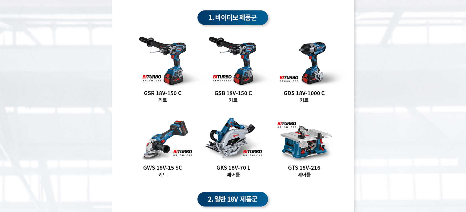 보쉬 Professional 전동 공구 6종이 흰 배경에 배열되어 있다.