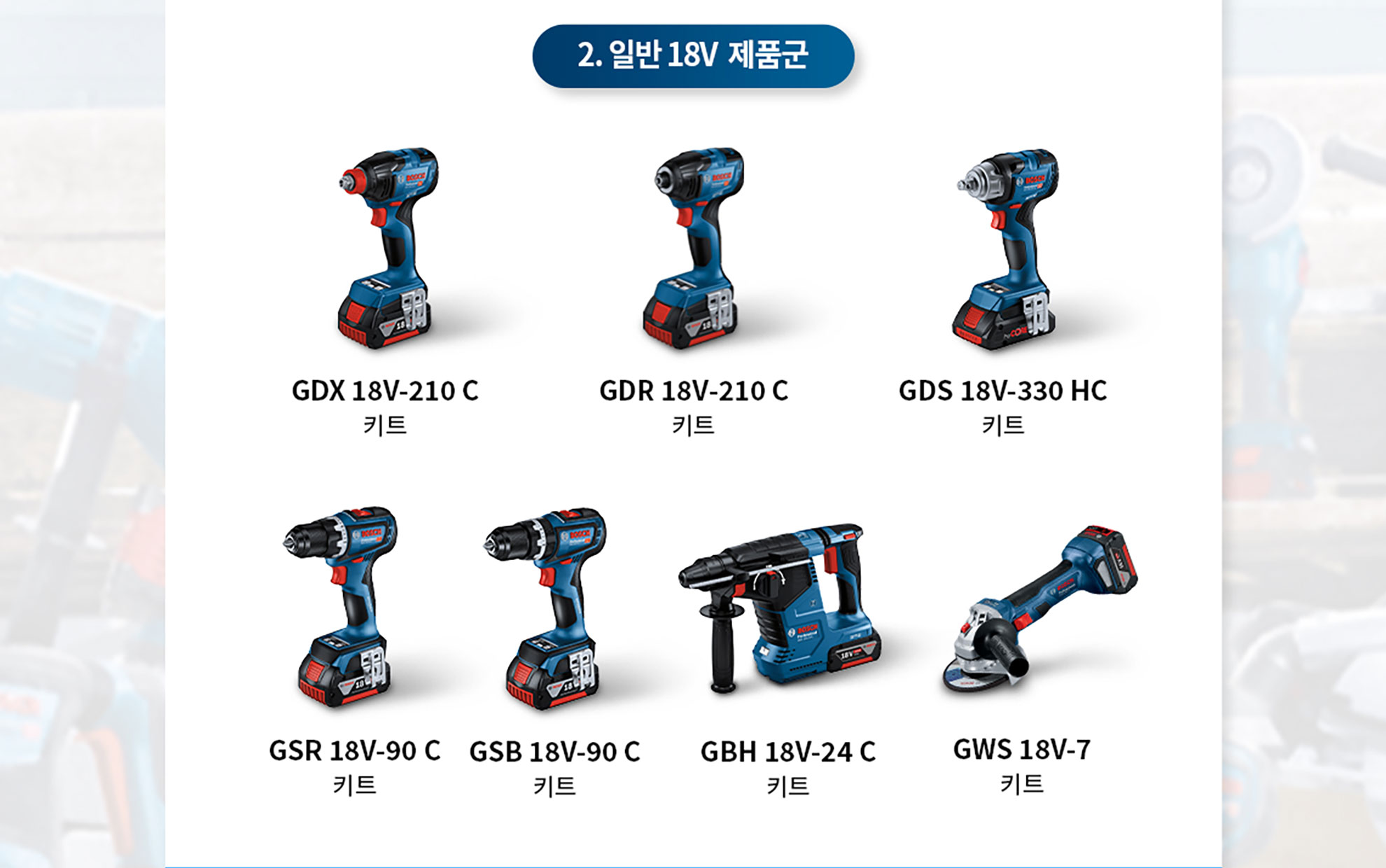 보쉬 프로페셔널 전동 공구 6종이 나열되어 있습니다. 각 제품의 모델명이 보입니다.
