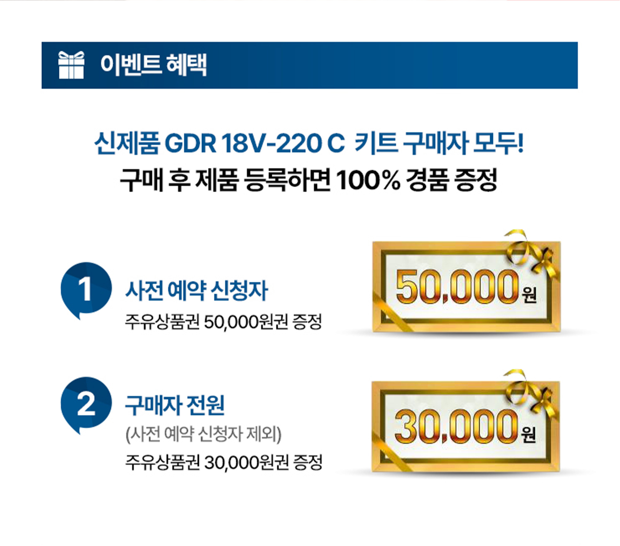 보쉬 GDR 18V-220 C 제품 구매 이벤트 안내, 상품권 제공 내용 포함.