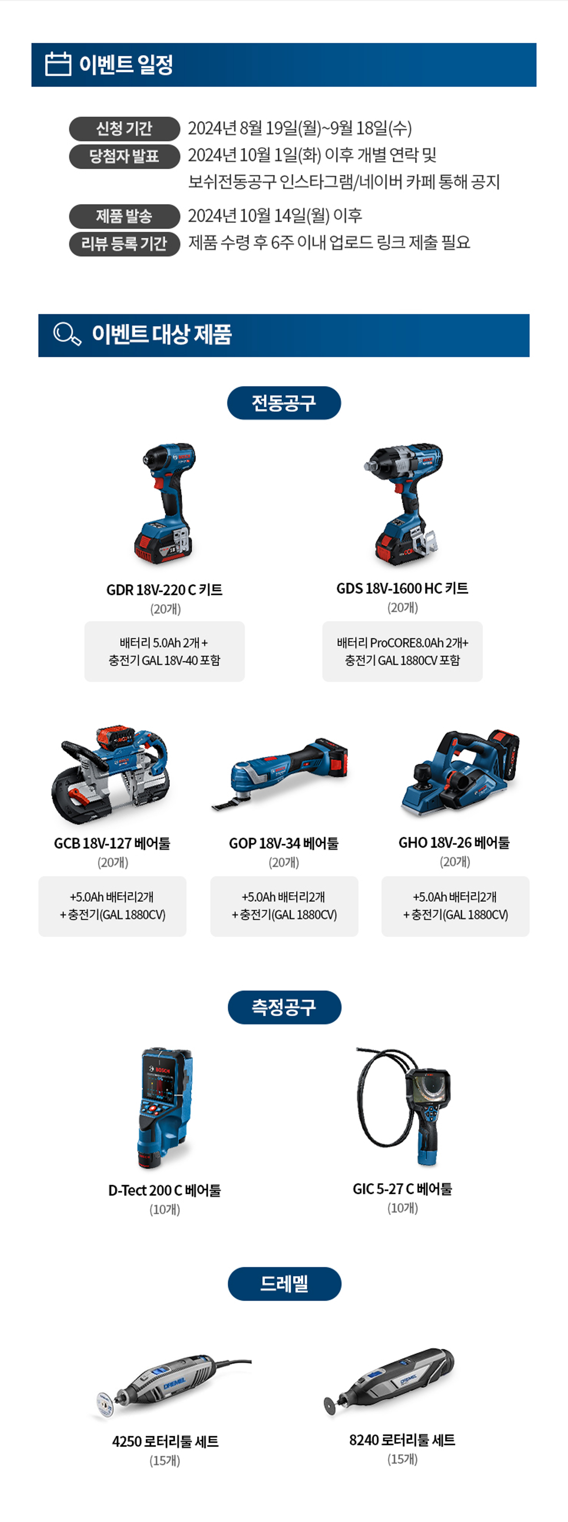 보쉬 프로페셔널 전동 공구 세트가 테이블 위에 정렬되어 있습니다.