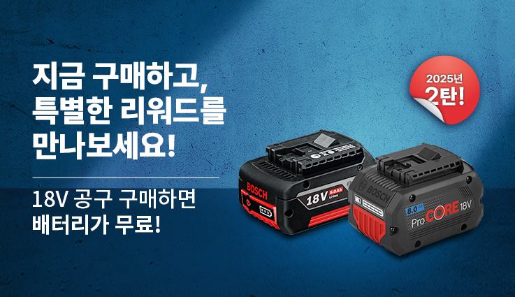 보쉬 18V 배터리 두 개가 파란색 배경 위에 놓여 있습니다.