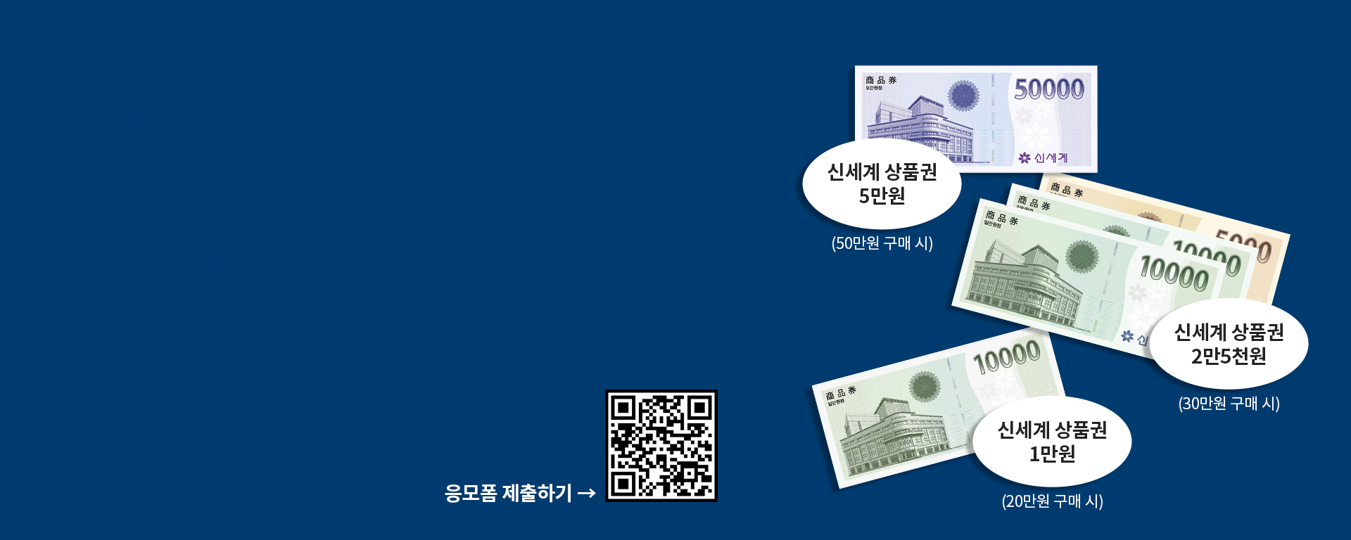 파란 배경 위에 다양한 신세계 상품권이 나열되어 있으며, QR 코드도 포함되어 있다.