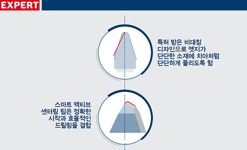 보쉬 전문가 도구 설명서, 두 개의 도구와 텍스트가 포함된 그래픽 디자인.