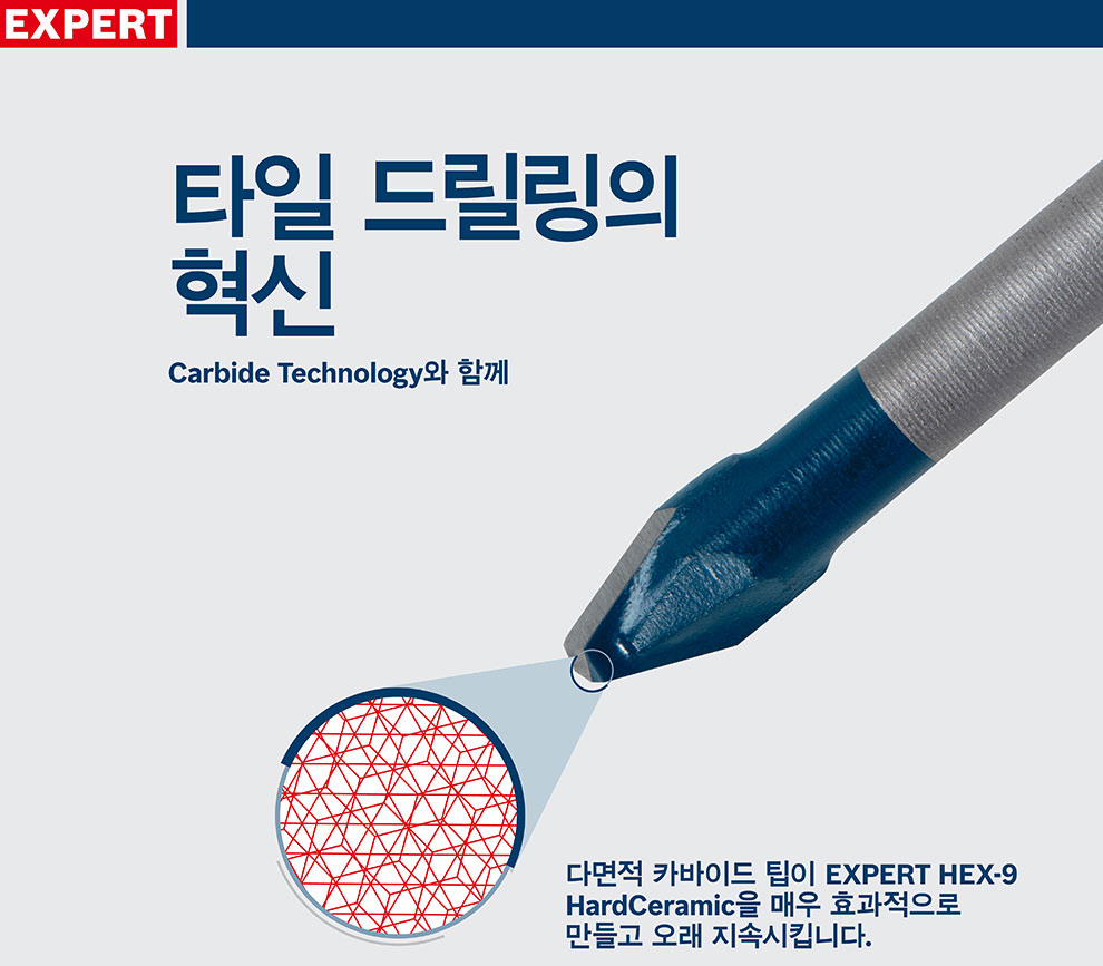 보쉬 전문가 타일 드릴의 날카로운 팁과 기술 설명이 있는 이미지입니다.
