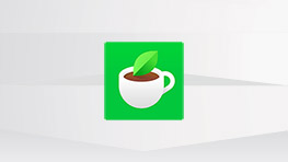 녹색 배경에 흰색 컵에서 잎이 있는 커피 아이콘이 있음.