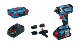 보쉬 프로페셔널 전동 드릴과 배터리, 액세서리 상자, 다양한 비트가 함께 있다.