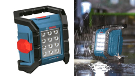 보쉬 프로페셔널 작업등이 비에 젖어 있는 바닥에 놓여 있다.