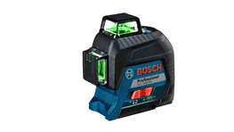 보쉬 프로페셔널 레이저 수평기, 검은색과 파란색, 녹색 레이저 빔.