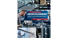 보쉬 전문 공구 광고, 작업 중인 남성과 드릴 비트가 보인다.