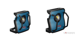 보쉬 프로페셔널 파란색 작업등이 두 개 나란히 놓여 있습니다.